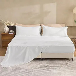 Simple&Opulence Belgian Linen Sheet Set Solid Color - 5 Pieces (1 Flat Sheet, 2 Fitted Sheets & 2 Pillowcases) Natural Flax Cotton Blend Soft Breathable Farmhouse Bedding - Split King Size, White