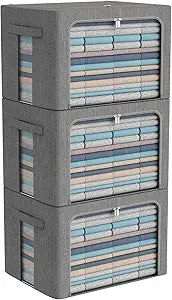 CYhom 3Pack Foldable Storage Bins - Frame Storage Box Linen Fabric Stackable Clothes Container Organizer with Clear Window & Carry Handles Large Capacity (Large-66L, Dark Gray)