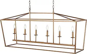 JONATHAN Y 49" Antique Gold Lantern Pendant Light, 6-Light Pagoda Style Metal Cage Farmhouse Hanging Ceiling Fixture for Kitchen Island, LED Bulb Included (JYL7439B)