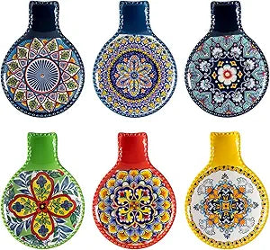Ceramic Spoon Rest for Stove Top, Large Spoon Holder for Kitchen Counter, Cooking Utensil Rest for Ladle, Spatula, Tongs, Housewarming Gifts Set of 6 - Bohemian Style