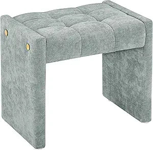 LUE BONA Modern Grid Tufted Vanity Bench Stool, 4.33'' Thick Chenille Upholstered Ottoman Footstool for Makeup Room, Bedroom & Living Room, 200lbs Capacity, Smoky Blue