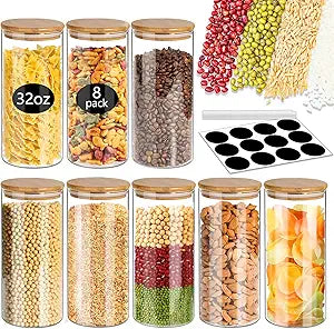 SLifeJars-32 oz Glass Jars with Bamboo Lids 8 pcs Glass Food Storage Containers with Airtight Bamboo Lids, Glass Canisters Stackable Kitchen Pantry bamboo lid for Coffee Beans, Rice, Sugar and More