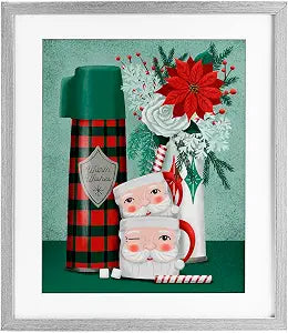 Vintage Santa Mugs Thermos Holiday, 13 x 16 Inch Framed Print Under Glass