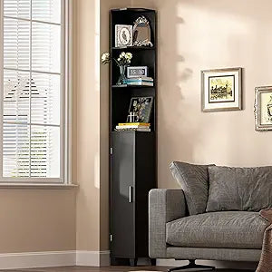 MOHOPE Corner Shelf with Cabinet, 74.8" Tall Corner Display Cabinet with Door, 5-Tier Narrow Bookshelf with Adjustable Shelves for Living Room, Bathroom, Dining Room, Small Space, Black