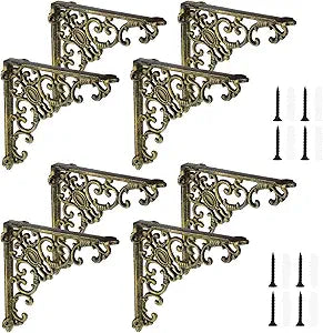 Lounsweer 8 Pcs Heavy Duty Antique Brass Shelf Brackets 8 Inch Wall Mounted Decorative Floating Shelf Hardware for Kitchen Bathroom Home Office Cabinet Support (Classic)