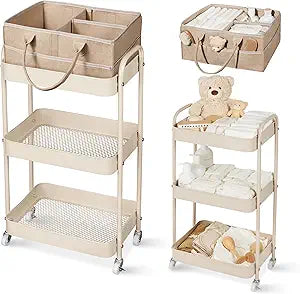 Fortella Baby Diaper Caddy, 3 Tier Rolling Storage Cart for Baby Essentials, Diaper Cart with Detachable Dividers, Storage & Baby Bottle Organizer, Nursery Dresser for Bedroom, Living Room (Taupe)