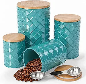 Pebble & Stem Coastal Teal Metal Canister Set for the Kitchen with Measuring Spoon, Food Canister Set of 4, Airtight Lids, Sugar, Flour Containers, Coffee, Tea Storage, Farmhouse Decor