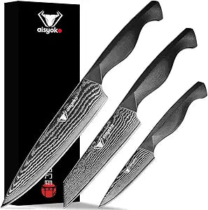 Aisyoko 8C Damascus Knife Set - 3PC Chef's Knife, Kitchen and Paring Knives, High Carbon Stainless Steel, Ergonomic Full Tang ABS Anti-Skid Handle