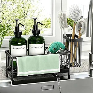 Kitchen Soap Dispenser Set with Sponge Holder and Towel Rack, 17OZ Glass Bottle, Hand and Dish Soap Dispenser Set, Non-Slip Silicone Pad, Brush Holder, Kitchen Sink Caddy Organizer Countertop (Green)