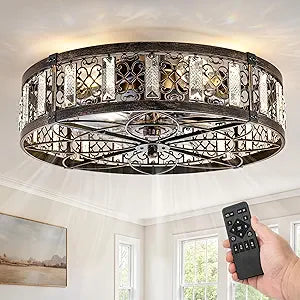 LEDIARY 20" Caged Ceiling Fans with Lights,Flush Mount Vintage Victorian Rustic Crystal Fandelier,Low Profile Farmhouse Enclosed Ceiling Fan with Light and Remote for Bedroom,Kitchen,Indoor,Black Gold