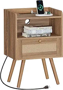 SUPERJARE Nightstand with Charging Station & Rattan-Like Decor Drawer, Rattan End Table with Solid Wood Feet, Bed Side Table with Open Storage, for Bedroom, Living Room, Dormitory, Walnut