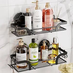 LEVERLOC Shower Caddy Suction Cup, 2 Pack Shower Shelves for Inside, Black Rustproof Metal Bathroom Storage NO-Drilling Bathroom Organizer with Large Capacity, Heavy Duty Storage Basket