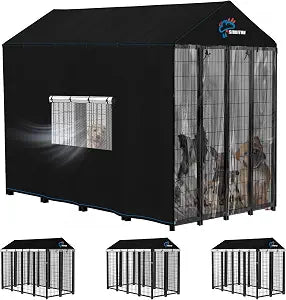 SIRUITON Outdoor Dog Kennel Cover,600D Full Coverage Waterproof Kennel Cover,with Transparent Film,Breathable Mesh Curtain & 4 Waterproof Zippers,Rain,Snowproof,Wind & Sun,8'Dx4.1'Wx6'H(Only Cover)