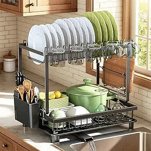 Dish Drying Rack, 2 Tier Space-Saving Dish Rack, Multifunctional Dish Drainer for Kitchen Counter with Drainboard/Utensil/Cup Holder Rustproof Carbon Steel, Black