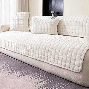 Velvet Couch Cover, Washable Sectional Sofa Cover, Anti Slip Sofa Slipcovers for 3 Cushion Couch Sofa L Shaped Recliner, Furniture Protector Covers for Pets Kids(White, Only 1 PCS)