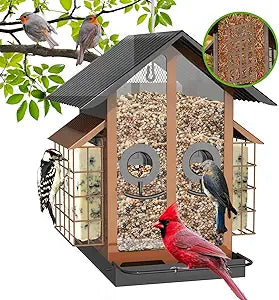 FlowaFoli Bird Feeders for Outdoors, Metal Bird Feeder with Double Suet Cage Weatherproof Metal Roof, 2 in 1 Mixed Seeds Suet Feeder, 4Lbs Large Capacity, Great for FinchCardinalChickadeeBrown