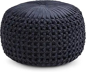 SIMPLIHOME Renee Round Pouf - 20 inch Wide Upholstered Velvet Ottoman in Navy, Boho Footstool or Extra Seating for Living Room or Bedroom with Button-Tufted Pleated Design, Assembled