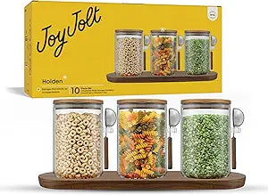 JoyJolt Holden 32oz Stackable Glass Storage Containers with Lids Scoops and Tray, Clear Airtight Food Canister Set of 3 w/Acacia Wood Lids, Round Stacking Pantry and Kitchen Containers w/Scoop