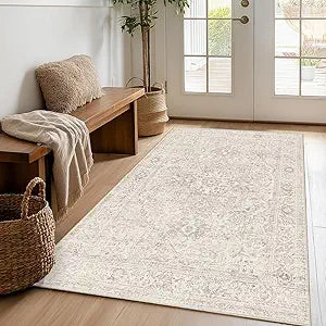FMFUNCTEX 3x5 Washable Area Rug Beige Vintage Neutral Distressed Non Slip Low Pile Traditional Retro Indoor Carpet for Entryway Entrance Soft Rug Living Room Bedroom Kitchen Dining Office Laundry