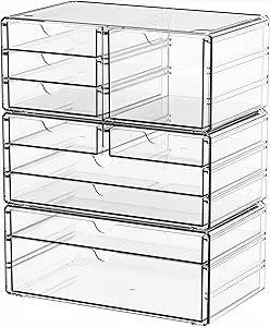Yieach 3 Pack Clear Storage Drawers With 10 Drawers,Stackable 11.1 Large Acrylic Drawer Organizer and Makeup Organizer For Vanity,Bathroom Countertop,Cabinet,Pantry,Office Supply Storage Bins Drawers