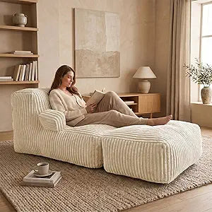 Bean Bag Chair - Plush Faux Fur Floor Seating Furniture Bean Bag Chair for Living Room, Bedroom, Playroom (6FT Stripe White with Armrests & Footrest)