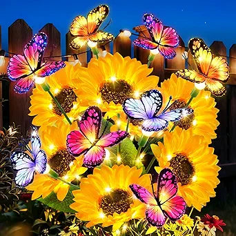 6 Pack Solar Garden Lights Outdoor, Sunflower Solar Lights with Butterfly IP65 Waterproof, Solar Flower Lights for Yard Patio Garden Decor, Auto On/Off Solar Sunflowers Decorative, Gifts for Mom Women