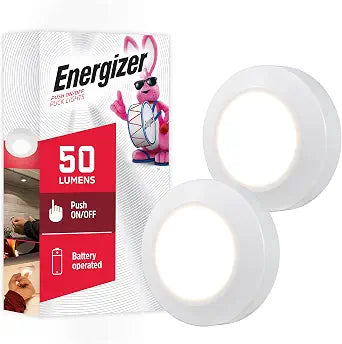 Energizer Battery Powered Puck Lights, Tap On/Off, 50 Lumens 2 Pack