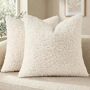decorUhome Pack of 2 Throw Pillow Covers 24x24 Inch, Faux Fur Decorative Sherpa Pillow Covers Fuzzy Accent Soft Sheepskin Fleece Pillow Cases for Couch Living Room Bed, Neutral Cream
