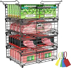 OPENICE Deep Freezer Organizer Bins, Expandable from 11.0" to 17.0" Stackable Freezer Baskets for Chest Freezer with 5 Tags, Bins for Chest Freezer Organization - 4 PCS, Black