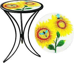 J-Fly 12 Inch Outdoor Side Table, Round Patio Accent Indoor End Table with Glass Top & Metal Base for Living Room, Office, Balcony, Bee Sunflower Indoor Furniture Valentine Decor(20" Height)