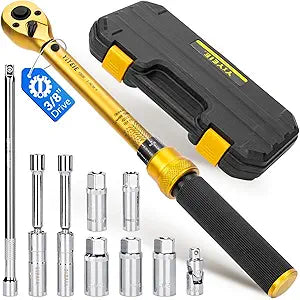 YIYEIE 10PCS Full Magnetic Spark Plug Socket Set with 3/8" Drive Torque Wrench (5-50 FT.LB/6.8-67.8Nm), Swivel Magnetic Spark Plug Removal Kit Includes 14, 16, 18mm& 9/16, 5/8, 3/4, 13/16 Inch Sockets