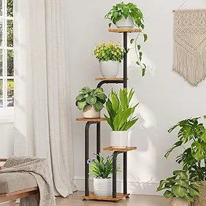 iDavosic.ly Tall Plant Stand Indoor, 4 Tier Corner Multiple Flower Holder Shelf with Wooden Trays, Space Saving Display Rack for Living Room Balcony Patio Porch Outdoor | Black & Brown