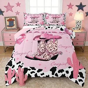 Castle Fairy Pink Cowgirl Bedding Set Twin Size Milk Cow Print Comforter Set for Girls Room Decor Modern Leopard Cowboy Boots Down Comforter Desert Cactus Quilt Set with 1 Pillowcase