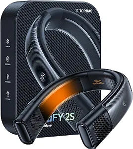 TORRAS COOLiFY SE Neck Fans that Blow Cold Air [Limited Version], Neck Air Conditioner with Long Battery, Orange-blue-Change Neck Fan, Smart App Control Neck Fan Rechargeable, Black