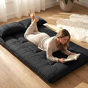 Japanese Floor Mattress Futon Mattress, 3.5 Inch Thick Foldable Roll Up Tatami Mat with 2 Pillow Covers, Queen Size Floor Bed for Guest Room Dorm Camping Kids, Black