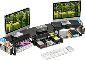 Simple Trending Dual Monitor Stand with Drawer and 2 Pen Holders, Black