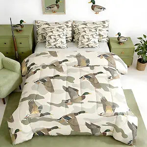 Feelyou Wild Duck Camouflage 7 Piece Bedding Set Full Size Kids Duck Camo Comforter Set with Sheets,Pillowcases & Cushion Cover for Girls Huting Bed in a Bag Breathable Soft Military Style Room Decor