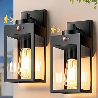Gleamz 2-Pack Motion Sensor Exterior Light Fixtures Wall Mount for House, H 11'' Black Outdoor Sconce Light Lantern for Garage Coach Entryway, Modern Waterproof Porch Lights Outdoor Dusk to Dawn