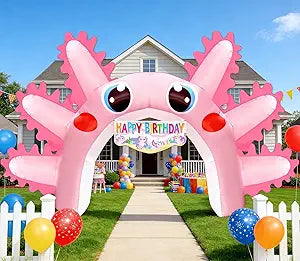 10x16FT Axolotl Inflatable Arch, Giant Pink Axolotl Birthday Party Backdrop Outdoor Yard Cartoon Archway Blow-Up Axolotl Decoration with 1Blower 3Banners for Summer Beach Pool Party Supplies