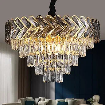 Modern Crystal Chandelier Gold,24" Round Crystals Chandeliers for Dining Room Top K9 Adjustable Ceiling Light Fixture 5-Tier Crystal Pendant Lamp 9-Light for Living Room Foyer Staircase
