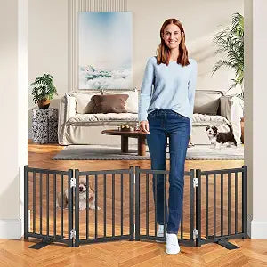 Snughome Short Dog Gate Indoor, 16" High Freestanding Small Dog Door Gate with Support Feet, Expands Up to 48 Wide Foldable Pet Gates for Doorway, 4 Panel Folding Pet Door Pet Fence for Puppy, Black