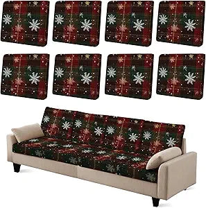 8pcs Snowflake Plaid Printed Couch Cushion Covers - Washable Stretchy Replacement Covers for Sofa Seats, Non-Slip Sofa Slipcovers Pets Friendly Indoor Decor