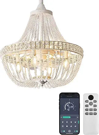 20 Modern Crystal Chandelier Ceiling Fan with Lights, Remote & App Control, 6 Speed, 8-Lights French Empire Fandelier, for Bedroom, Dining Room (Retro White)