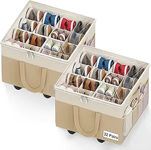 2 Pack Large Shoe Organizer for Closet, Adjustable Dividers Shoe Storage Box Bins with Wheels Clear Cover Reinforced Handle Side Pocket Fits up to 32 Pairs, Foldable Shoe Organizer for Entryway Beige