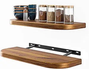 BATODA 17" Acacia Wood Floating Shelves Wall Mounted (Round Edge)  Rustic Farmhouse Wooden Wall Storage Shelf for Bedroom, Kitchen - Brackets and Shelving Hardware Included (Acacia Color)