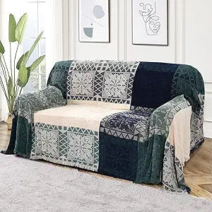 Boho Couch Cover Bohemian Throw Blanket Chenille Jacquard Tassels Throw Blankets Decorative Sofa Cover for Bed Couch Sofa Slipcover With Hippie Colorful Tribal Pattern (71"x 102", Large, Aqua Beige)