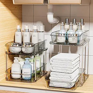 Delamu 2-Tier Under Sink Organizers and Storage, Multi-Purpose Stackable Bathroom Cabinet organizers, Pull Out Kitchen Pantry Organization and Storage with Dividers(2 Pack, Grey)