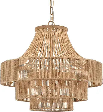 Wood Beaded Rattan Chandelier Boho Hand Woven Pendant Light 6-Lights Adjustable Coastal Pendant Lighting Fixtures for Dining Living Room Kitchen Hallway, Dia 20, UL Listed