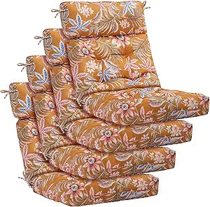 Barydat 4 Pcs Tufted High Back Chair Cushion Indoor Outdoor Seat and Back Cushions Palm Leaves Tropical Plants Lawn Rocking Chair Pads with Ties for Adirondack Patio Garden(Yellow Flower)