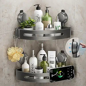Corner Shower Caddy Suction Cup,Shower Shelves with Hooks,No Drilling Powerful Upgrade Suction Bathroom Corner Organizers and Storage,Removable Waterproof Rustproof Shower Shelf Bathroom Decor